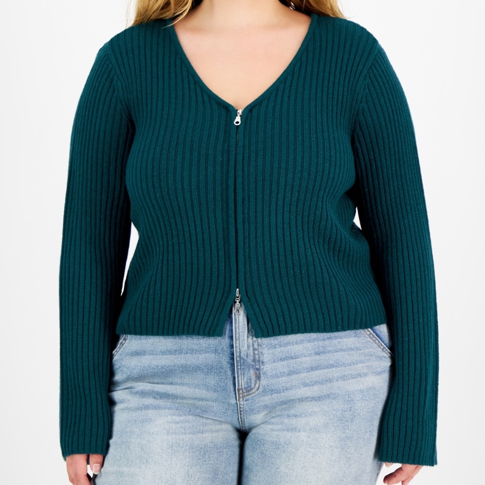 Made with Love By Full Circle Trends Deep Teal V-Neck Zip-Up Sweater Size 3X